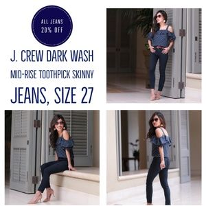 J. Crew Dark Wash Mid-rise Toothpick Skinny Jeans